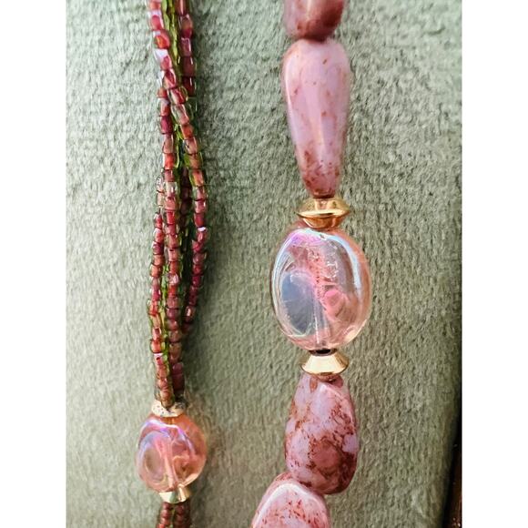 Vintage 30" 14k GE Stone Gold Glass Bead Necklace Statement green mauve Brown - Picture 9 of 14
